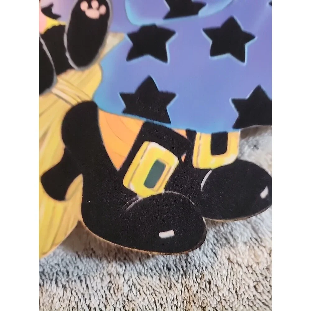 Vintage Halloween Witch on Broom Die Cut Flocked Velvet Double Sided Decoration